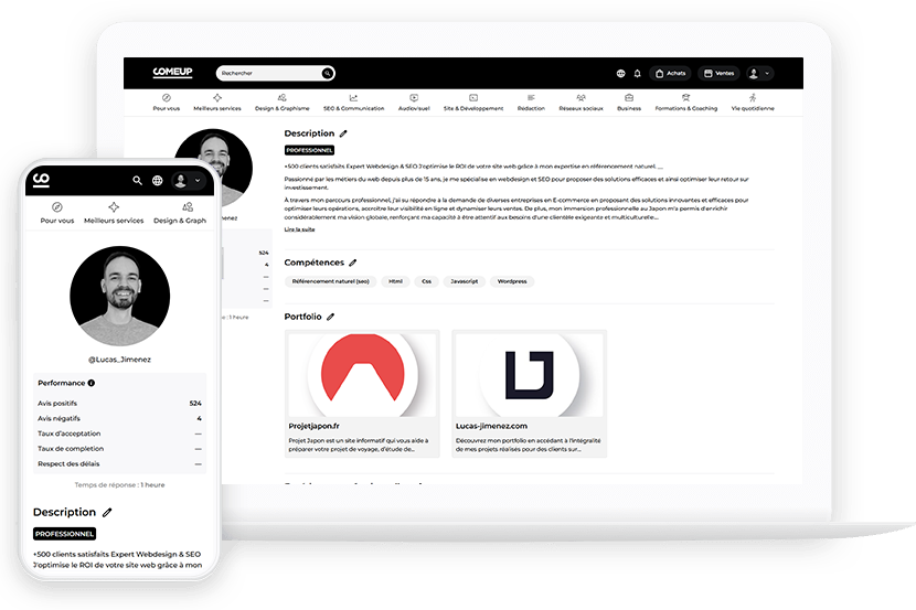 Présentation de la bannière ComeUp, sur desktop et mobile