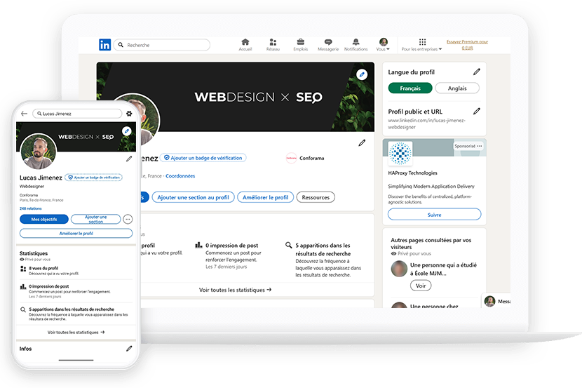 Présentation de la bannière Linkedin, sur desktop et mobile