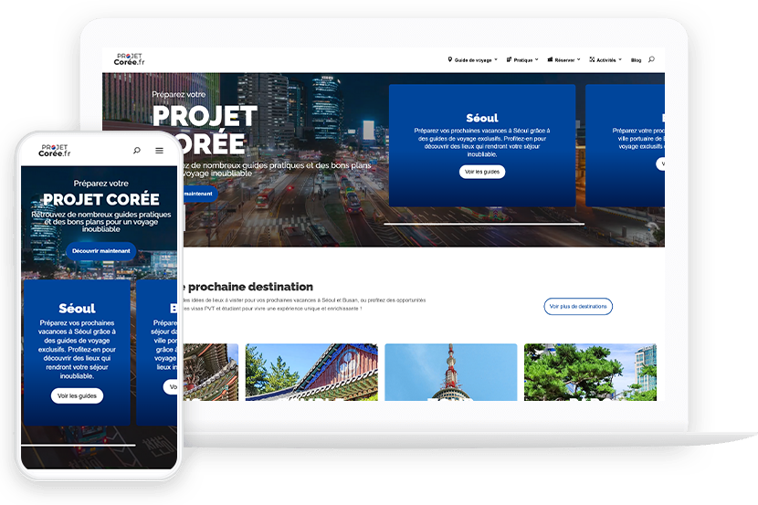 Présentation de Projet Corée, sur desktop et mobile